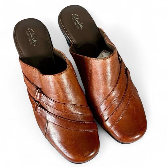 Clarks Bendables Mule Clogs Women's Size 8.5M Brown Leather Heels Slip Ons - Picture 1 of 10